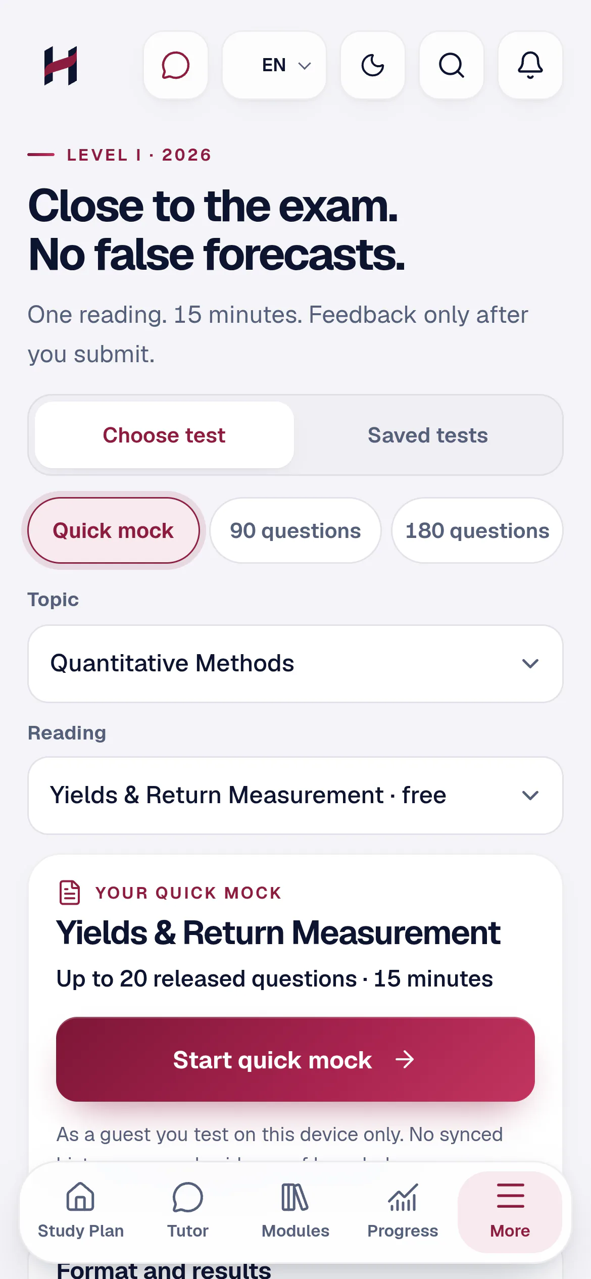Mock exam: choice between short test, 90 and 180 questions